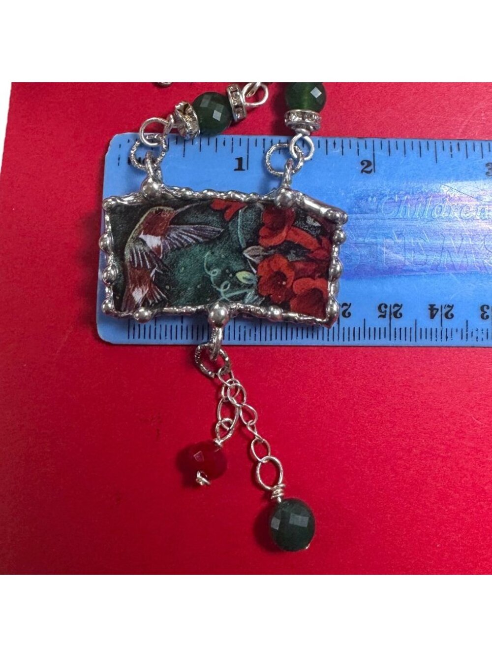 Lena Liu Hummingbird Broken China Pendant  Bezel Red & Green Quartz Necklace - Picture 12 of 14